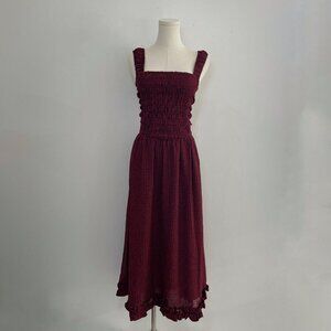 Ganni Sheer Fluid Check Midi Strap Smock Dress | Wine Red | Women’s Size Small